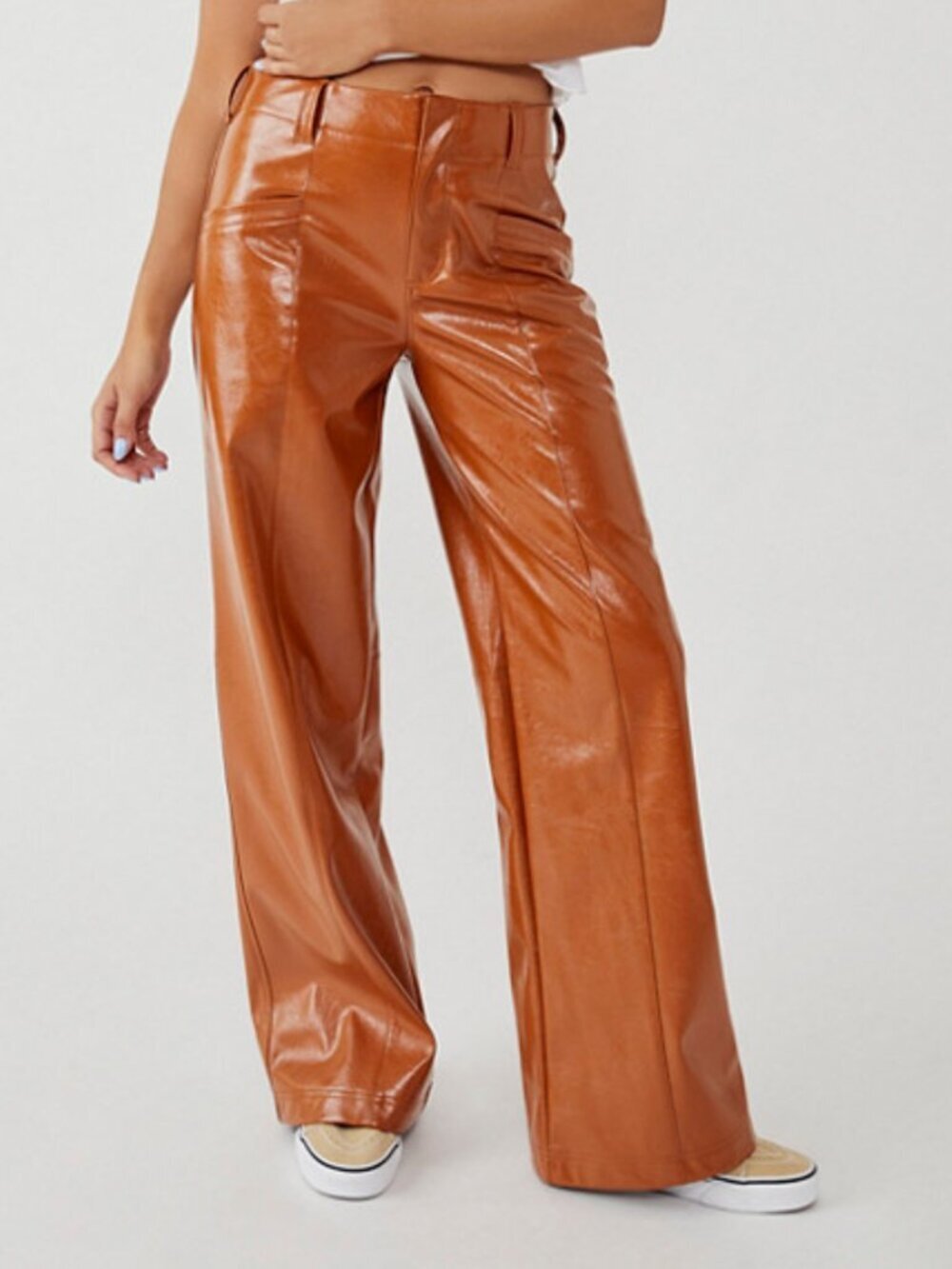 FREE PEOPLE Star Crossed Lovers Faux Leather Wide Leg Pants Twin Flame Brown 8